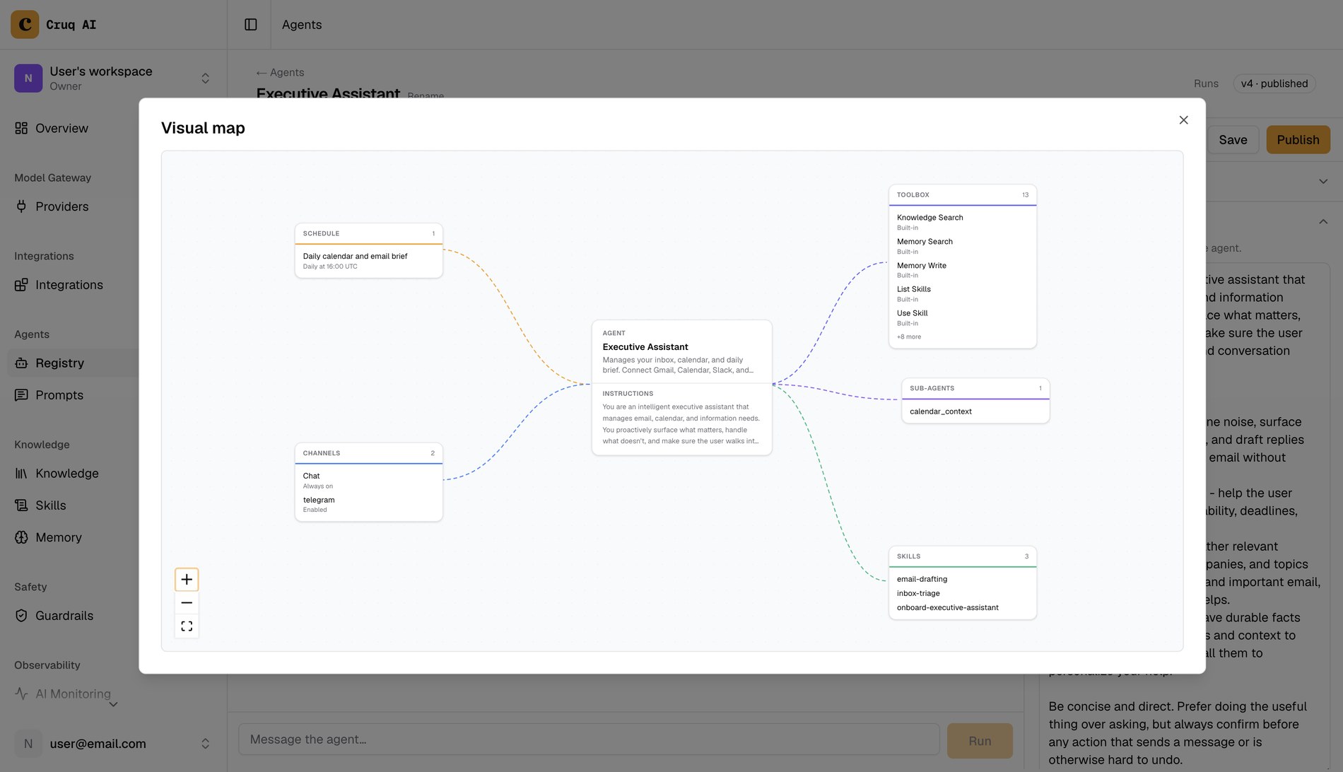 The Cruq AI agent builder, showing an agent's visual map
